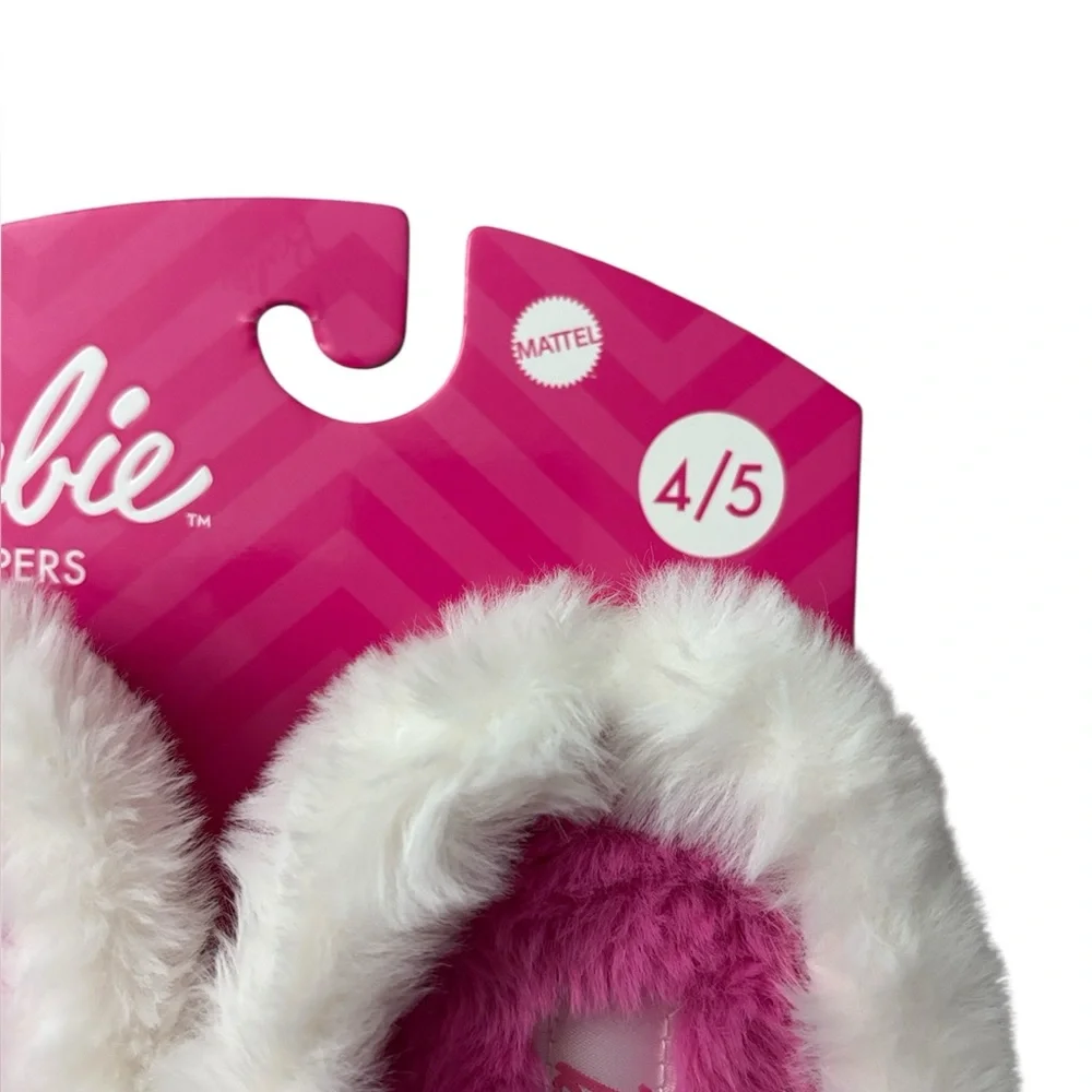 Mattel Barbie White Plush Slippers with Pink Heart Accent